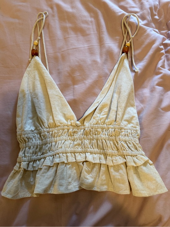 Tops - Women's Cream Ruffled Smocked Crop Top